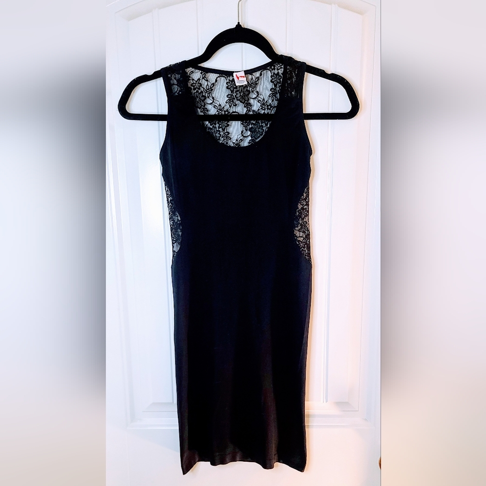 Black fitted Midi Dress with Lace Back S/M - Picture 3 of 6